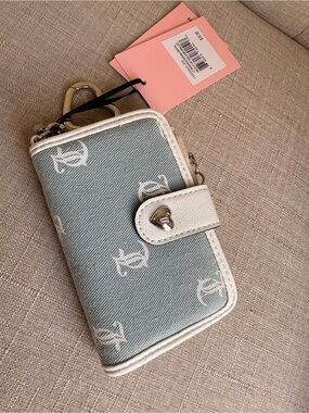 Juicy Couture Light Blue and White Monogram Card Wallet with Heart Snap